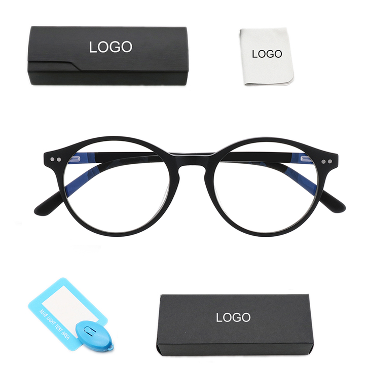 Rectangular black acetate blue light blocking glasses with faintly amber-tinted lenses